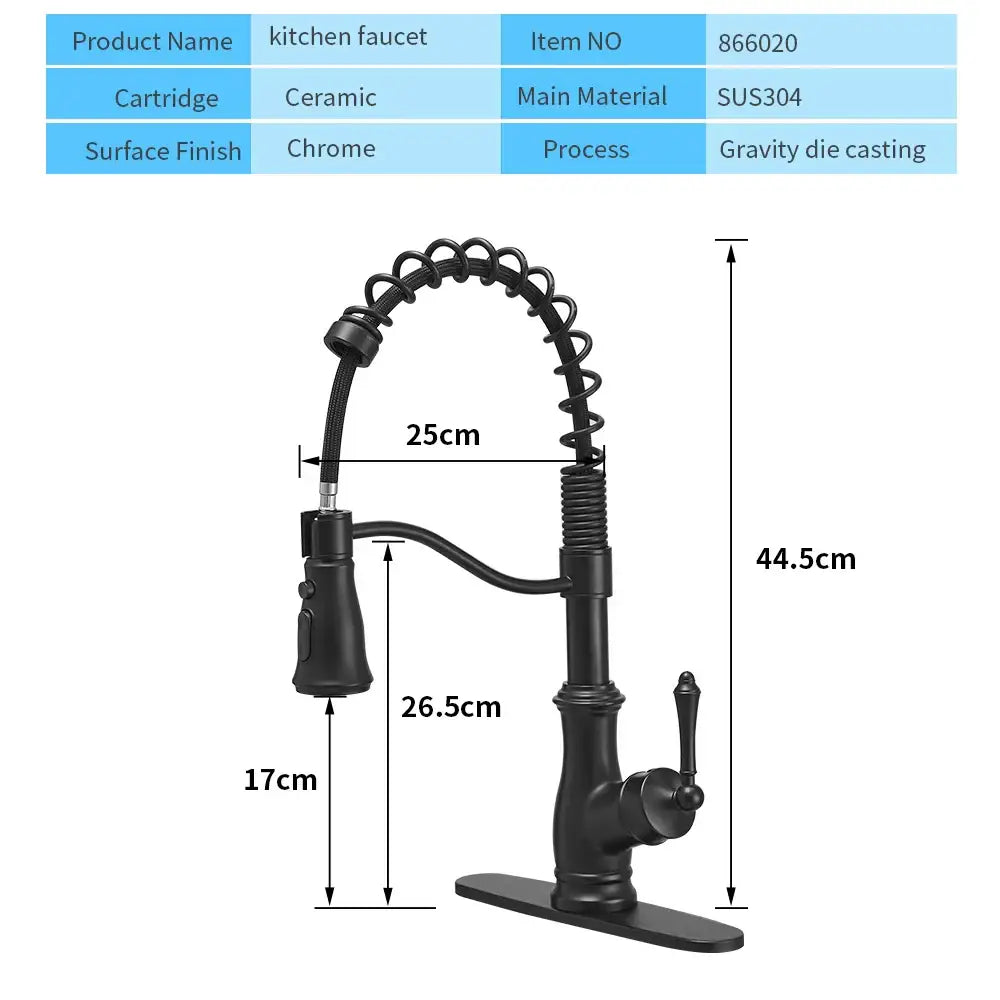 Matte black decorbites black spring kitchen faucet with black spring spout and coiled extendable pull down hose