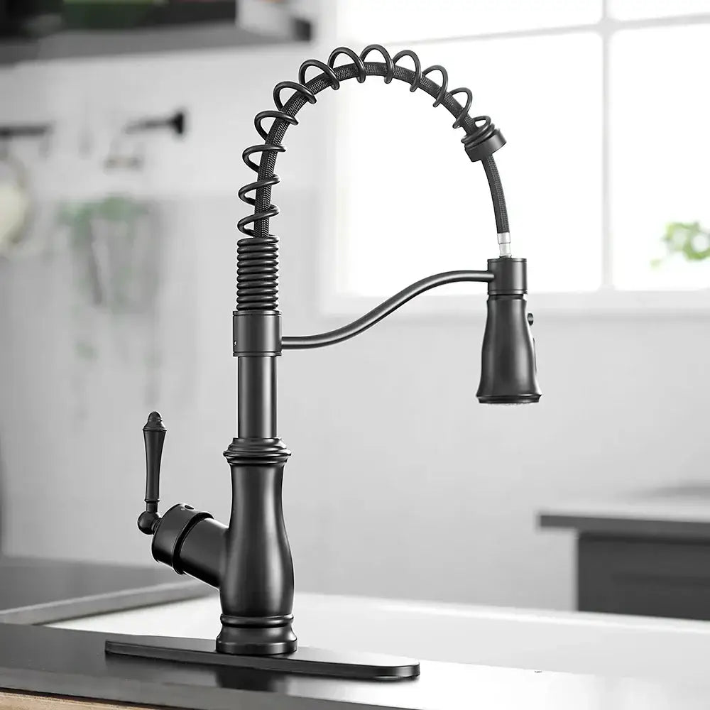 Matte black spring spout kitchen faucet with pull down hose and coiled spray head for modern kitchen use decorbites black spring