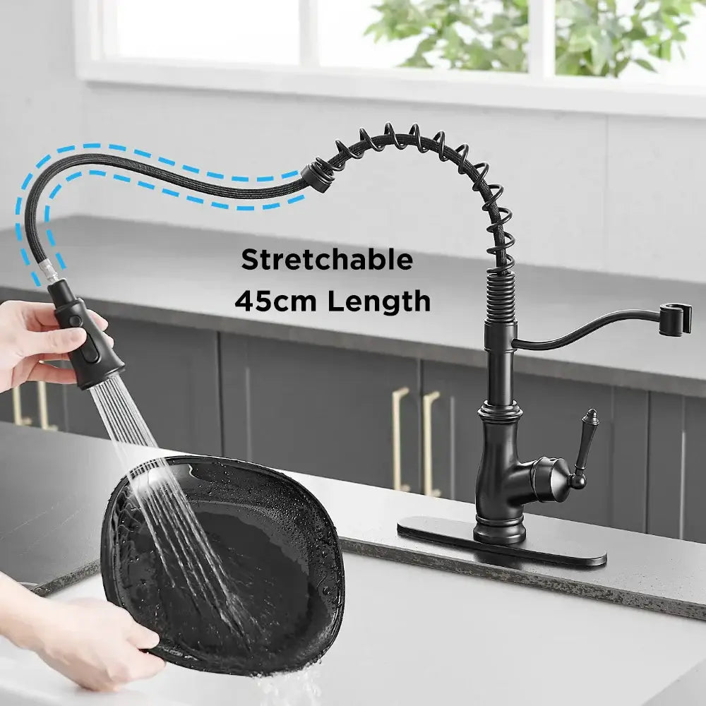 Matte black spring spout kitchen faucet with pull down hose and 45cm flexible black spring spout by decorbites