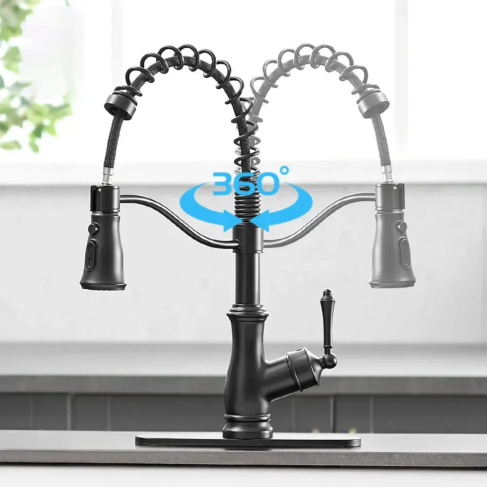 Matte black spring spout kitchen faucet with two flexible coiled spray heads and single lever handle by decorbites black spring