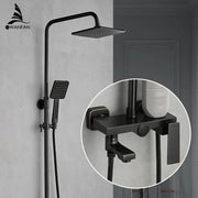 Matte black square rain shower faucet with handheld spray featuring a black matte-finish shower faucet design
