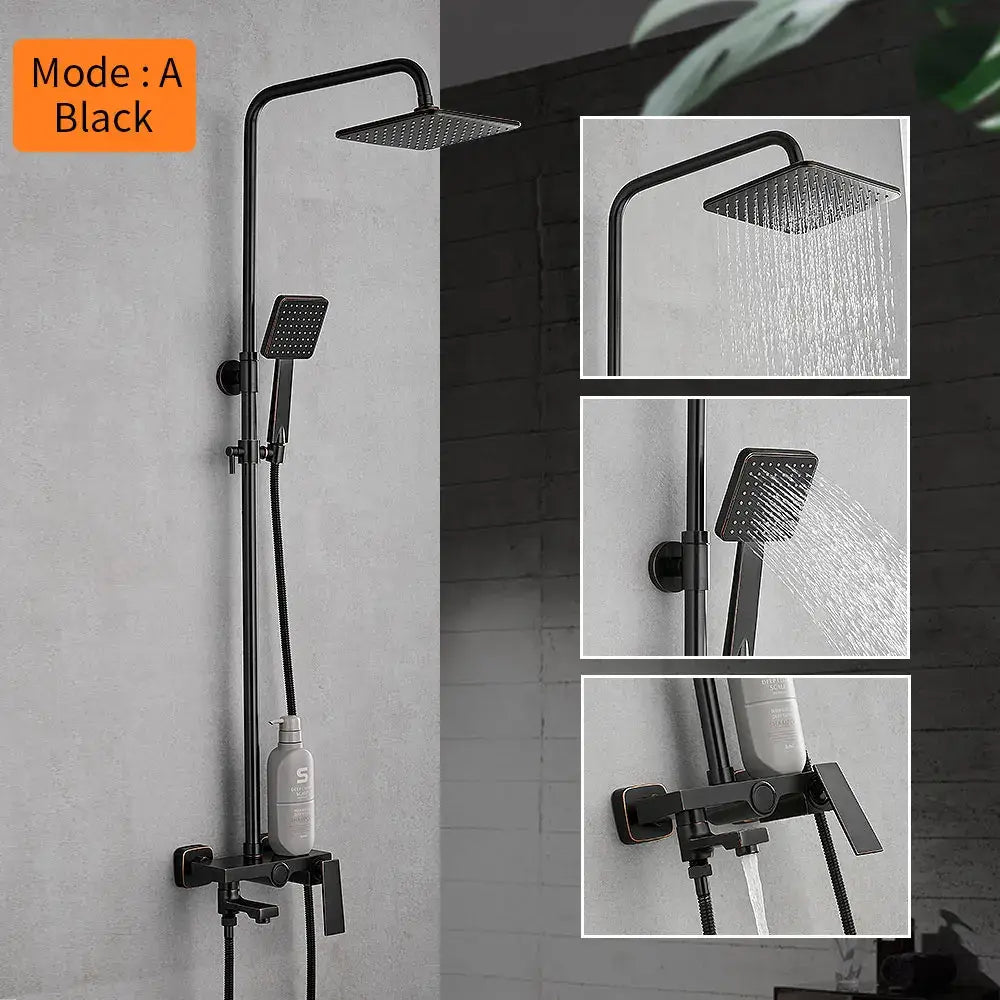 Matte black square rain shower faucet with handheld spray featuring a black matte shower faucet and sleek modern design