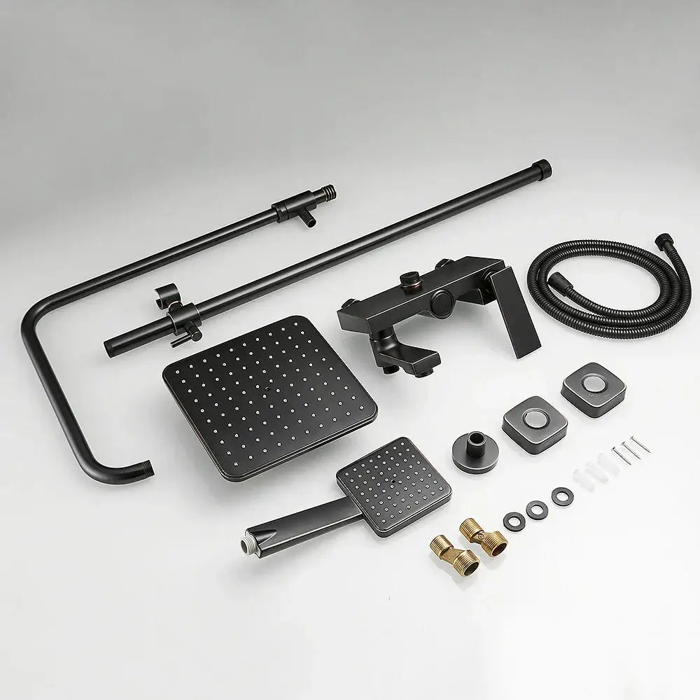 Matte black square rain shower faucet with handheld spray and round tube shower faucet features a flexible hose and mounting kit