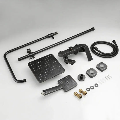 Matte black square rain shower faucet with handheld spray and round tube shower faucet features a flexible hose and mounting kit