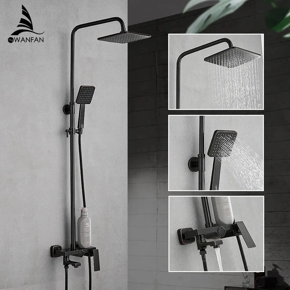 Matte black square rain shower faucet with handheld spray features a black matte finish and includes a tube shower faucet