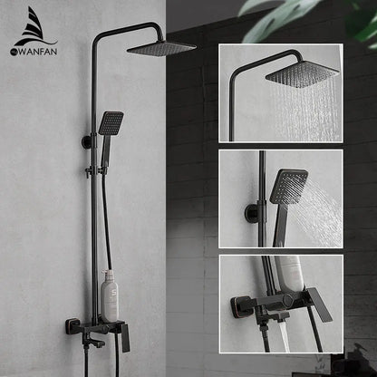 Matte black square rain shower faucet with handheld spray features a black matte finish and includes a tube shower faucet