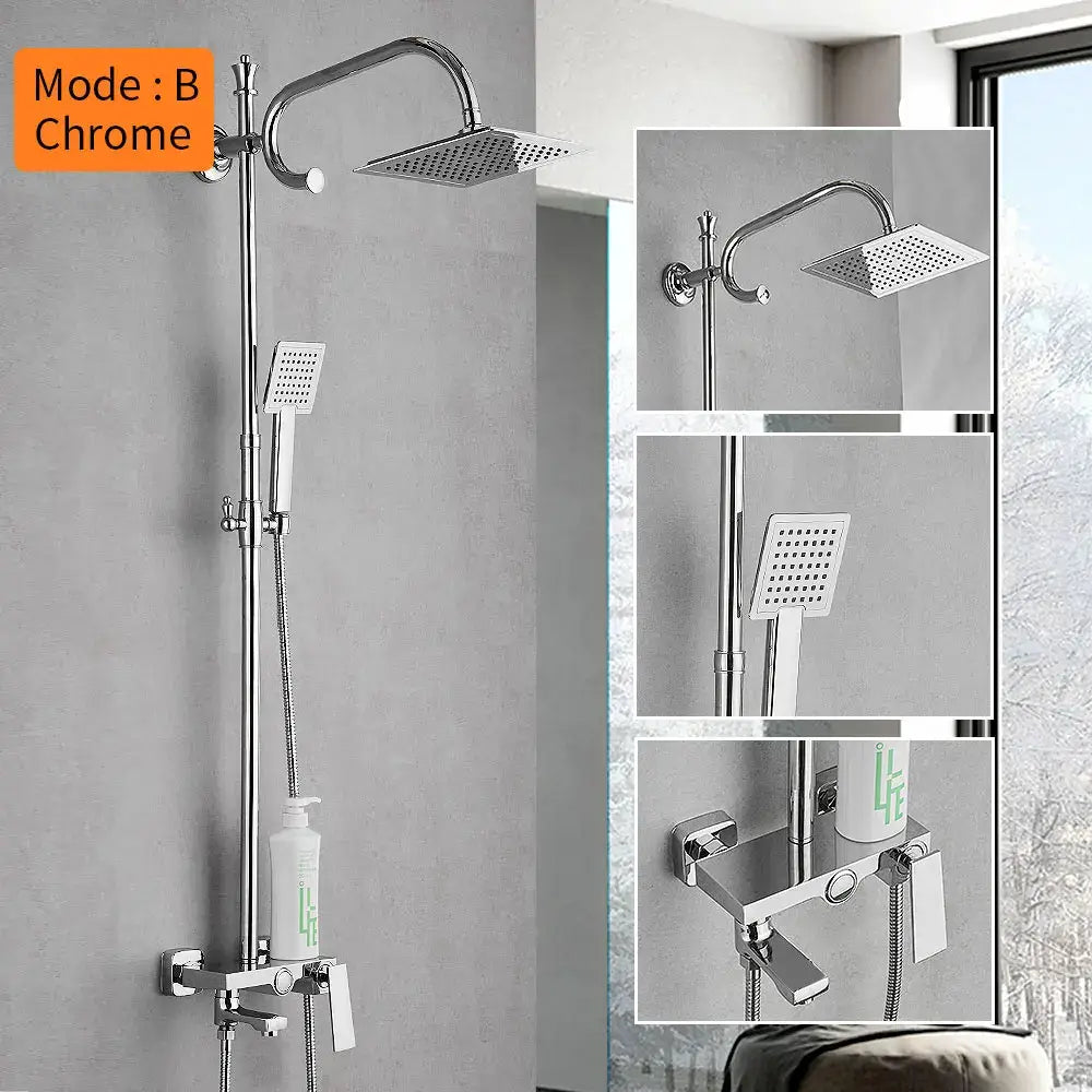 Chrome-finished shower faucet with square rainhead handheld spray and adjustable bar in matte black bathroom setup