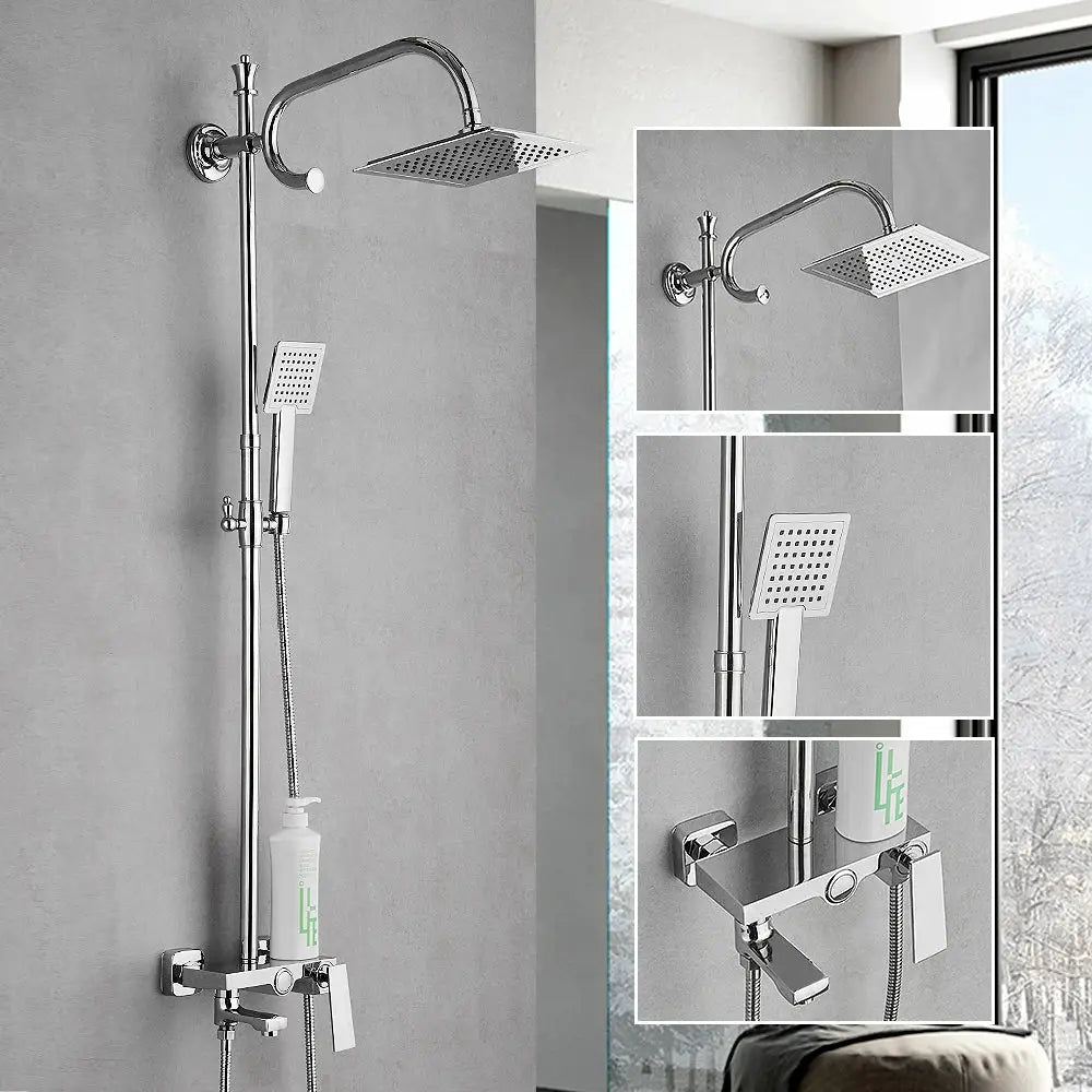 Chrome finished modern shower faucet with square rainhead and handheld spray head as a tube shower faucet