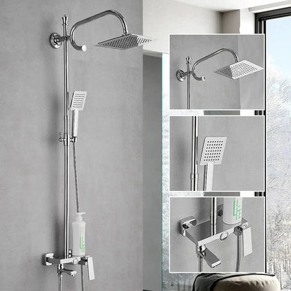Chrome finished modern shower faucet with square rainhead and handheld spray head as a tube shower faucet