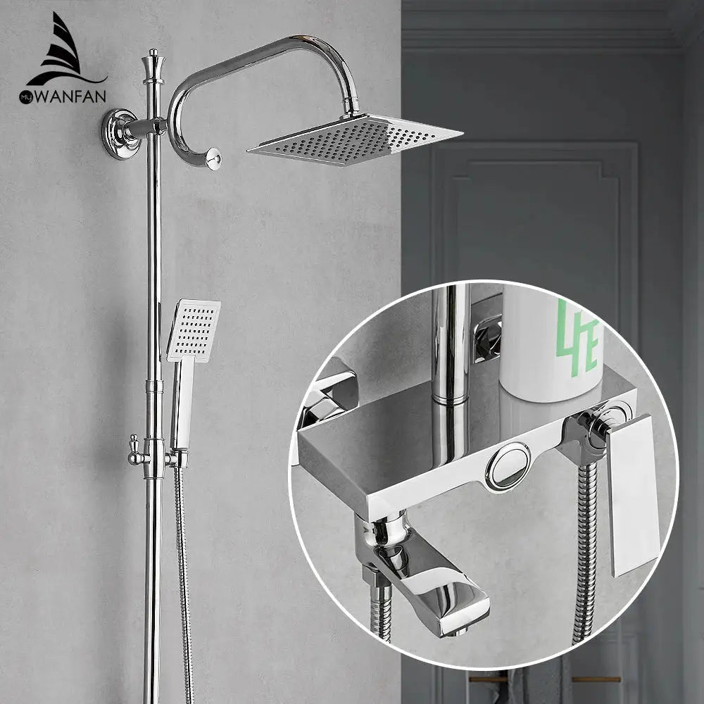 Matte black square rain shower faucet with chrome finish featuring a tube shower faucet and handheld spray head