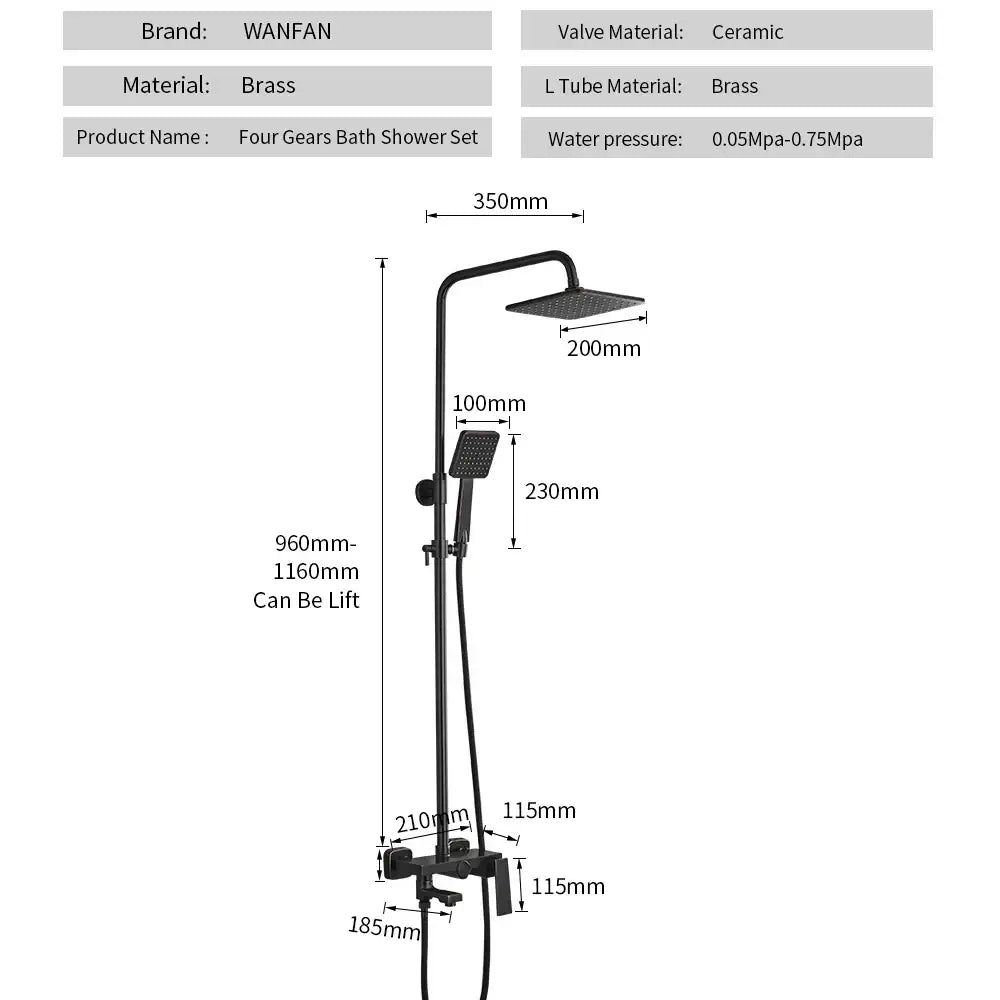 Matte black square rain shower faucet with black brass four gears bath shower set and adjustable height ceramic valve