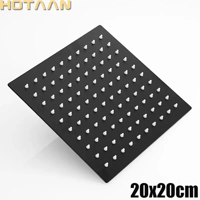 Matte black square rain shower head with 40cm arm featuring decorbites black rain multiple white rounded nozzles