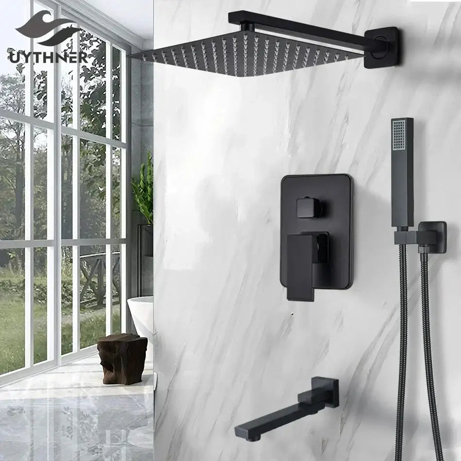 Matte black square rainfall shower faucet set with black matte finish wall-mounted fixture and handheld spray by uythner