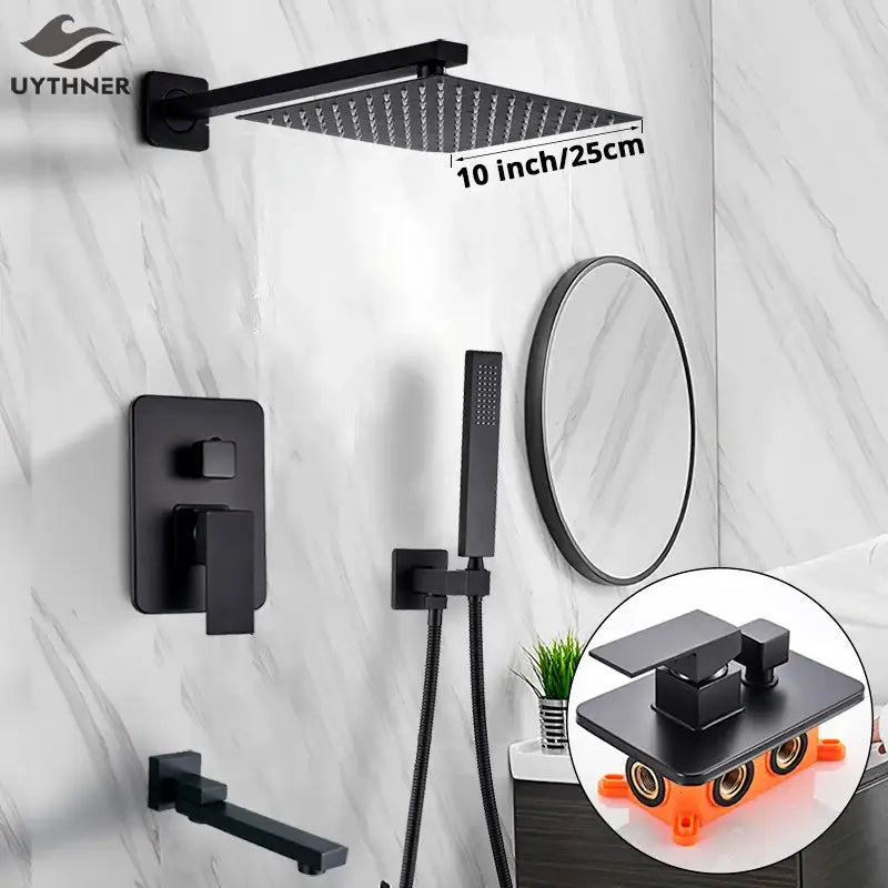 Matte black square rainfall shower faucet set with 10-inch showerhead and handheld sprayer by uythner