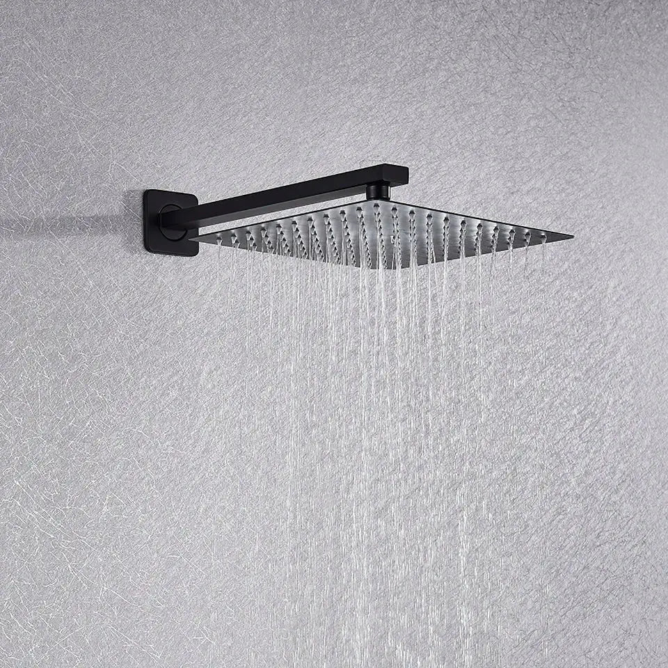 Matte black square rainfall shower faucet set with a black matte-finished square showerhead and multiple water jets