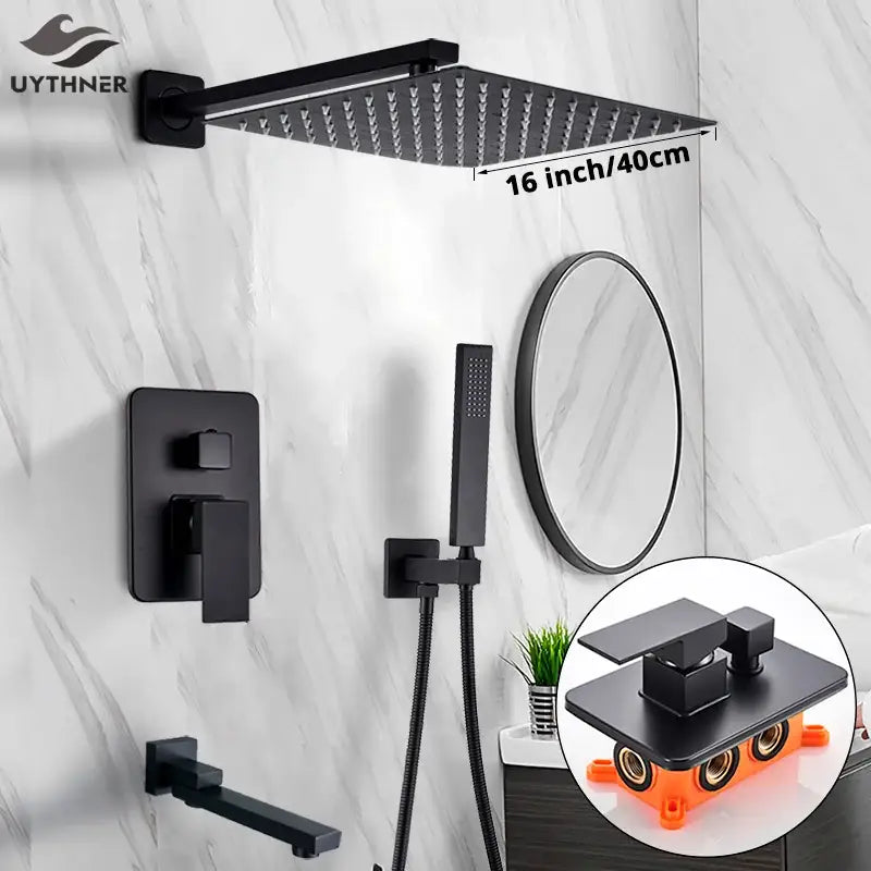 Matte black square rainfall shower faucet set with 16-inch textured matte finish showerhead and integrated bracket