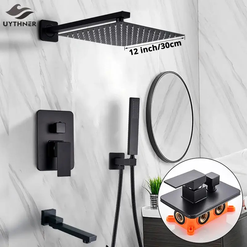 Matte black square rainfall shower faucet set with 12-inch matte black showerhead and matching wall-mounted faucet set