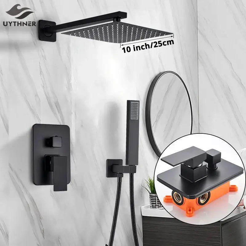 Matte black square rainfall shower faucet set with 10-inch showerhead and handheld spray for bathroom use
