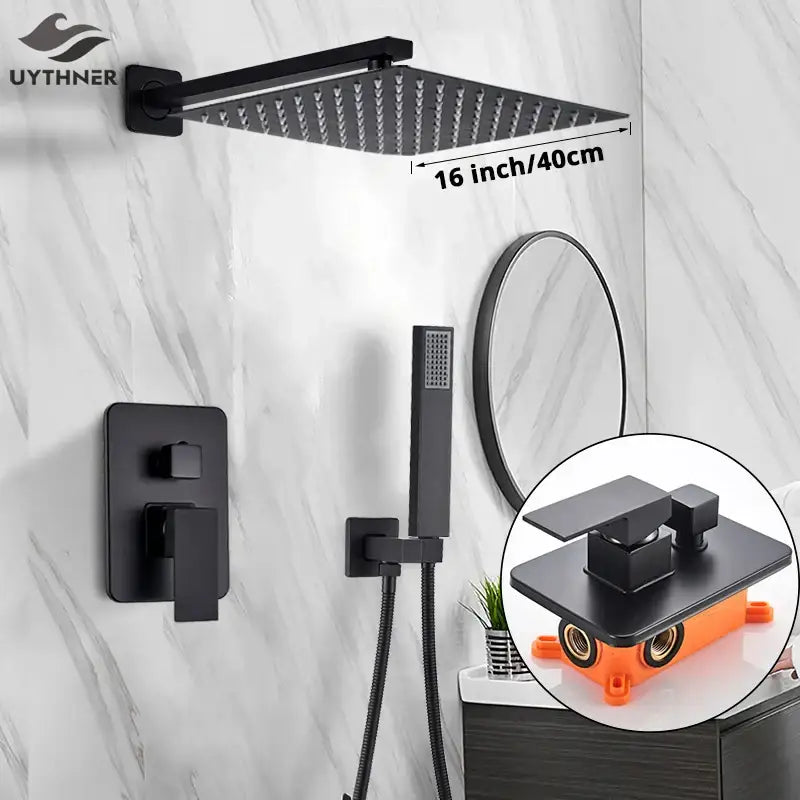 Matte black square rainfall shower faucet set with 16 inch showerhead and handheld spray for bathroom use