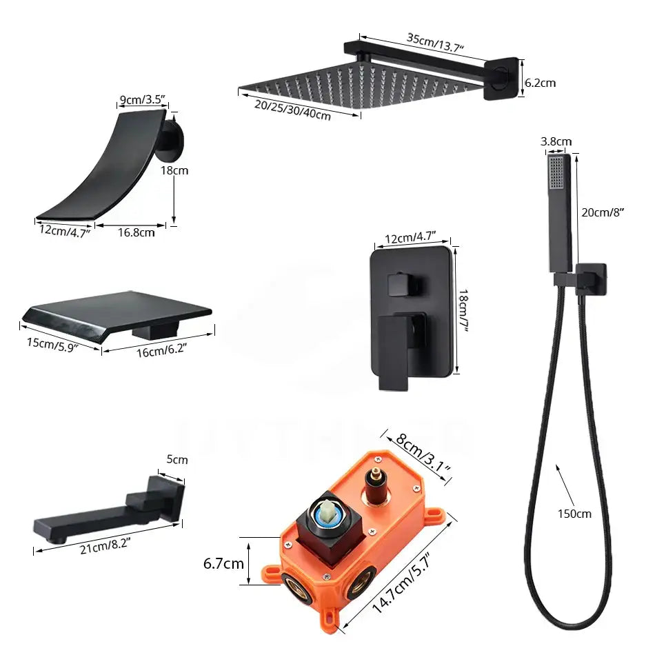 Matte black square rainfall shower faucet set with black matte-finished textured square showerhead and integrated bracket