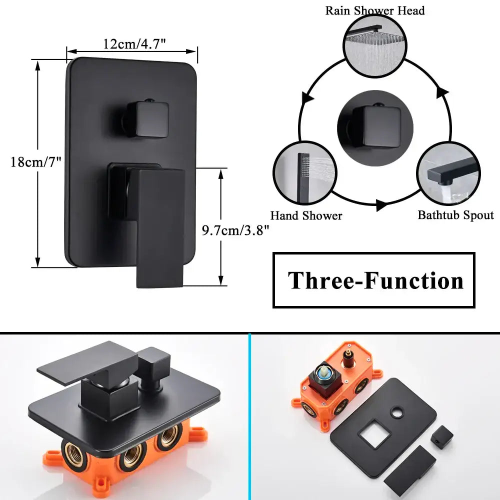 Matte black square rainfall shower faucet set with three-function black matte-finish shower faucet for bath and hand spray