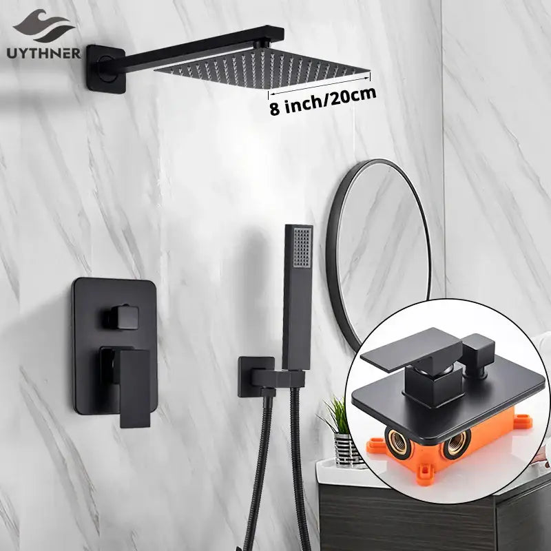 Matte black square rainfall shower faucet set by uythner featuring an 8-inch rain shower head and handheld spray