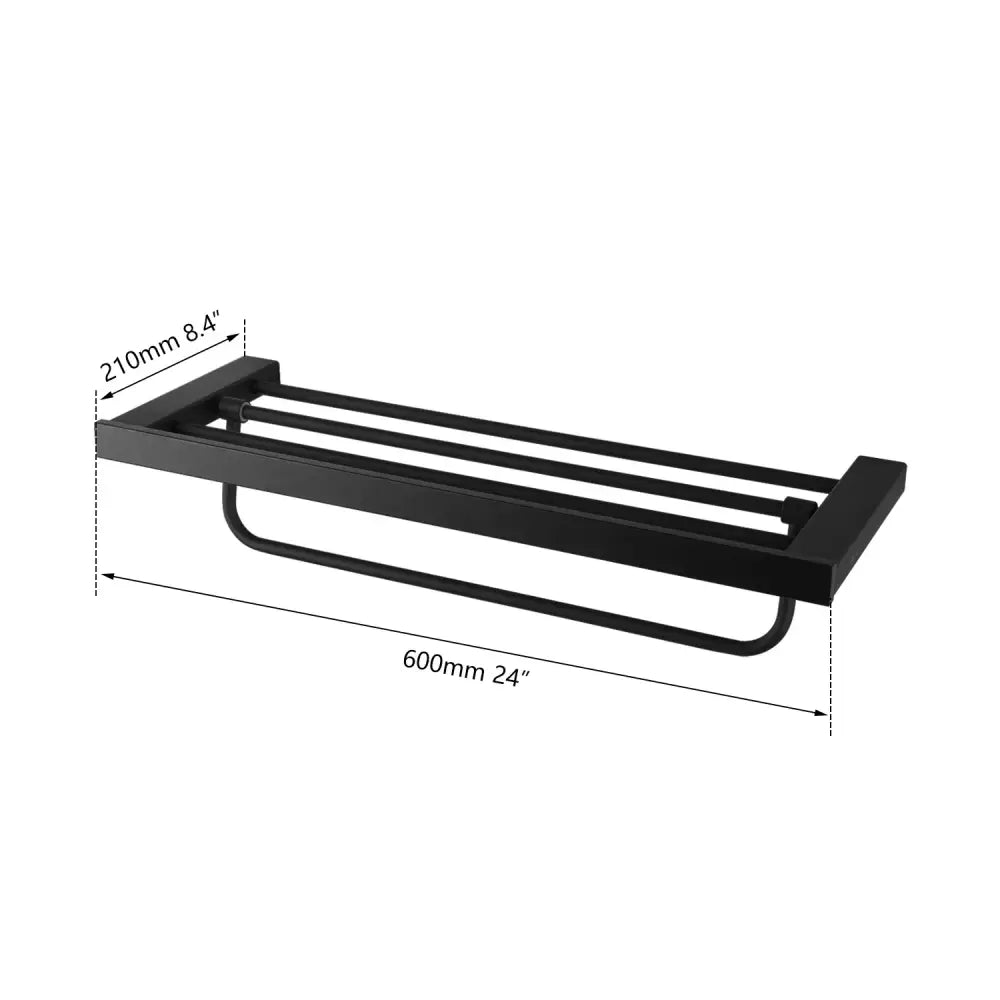 Matte black stainless steel towel rack with three bars and curved loop from bathroom hardware set with frosted glass