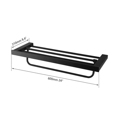 Matte black stainless steel towel rack with three bars and curved loop from bathroom hardware set with frosted glass