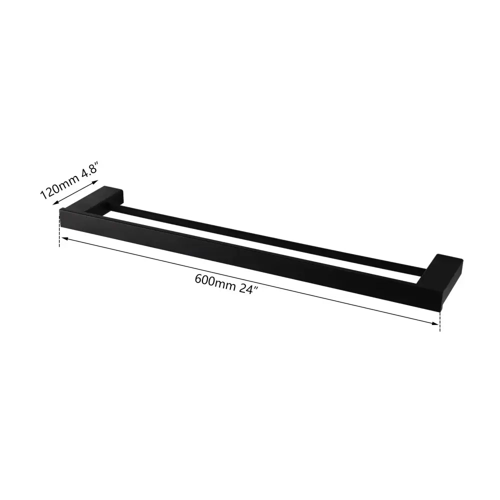 Black matte-finished stainless steel towel rack with sleek rectangular design in a bathroom hardware set with frosted glass