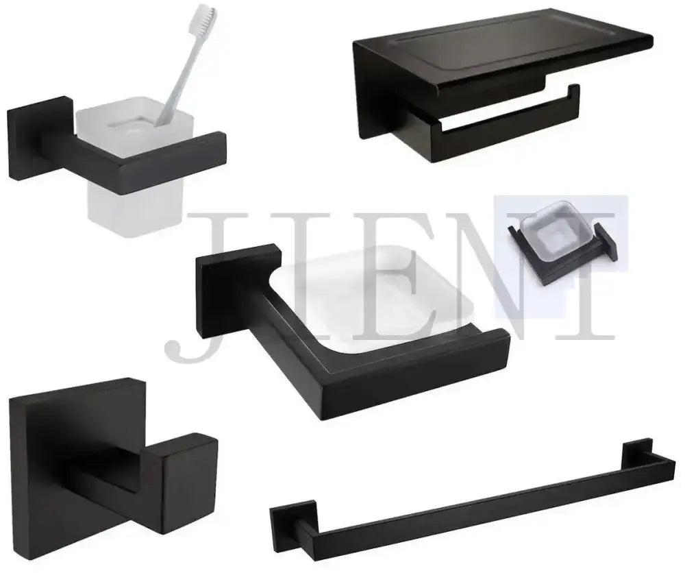 Matte black stainless steel bathroom hardware set with geometric design and frosted glass inserts