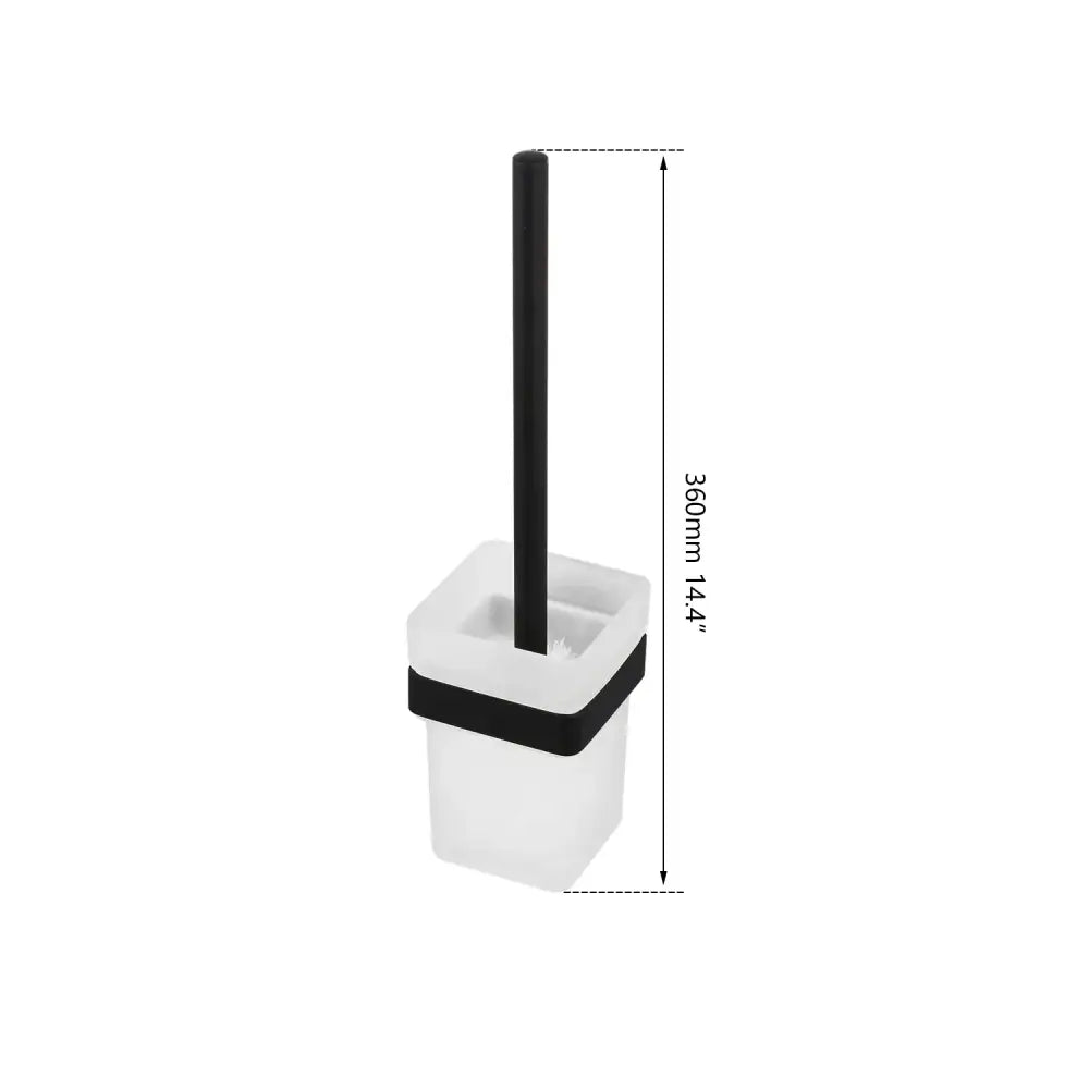 Matte black stainless steel bathroom hardware set featuring a black and translucent white plastic toilet brush holder with a modern design