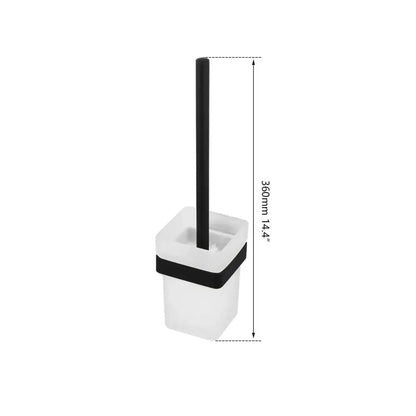 Matte black stainless steel bathroom hardware set featuring a black and translucent white plastic toilet brush holder with a modern design