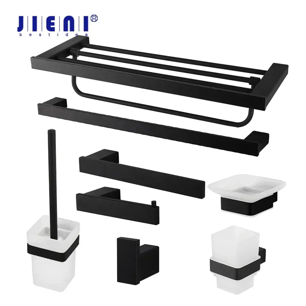 Matte black stainless steel bathroom hardware set with frosted glass accents and a matte finish design