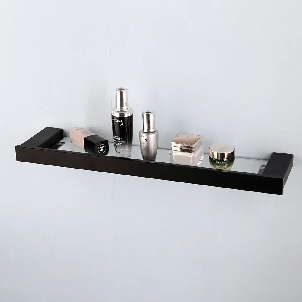 Matte black stainless steel bathroom hardware set with black-framed frosted glass shelf and modern design