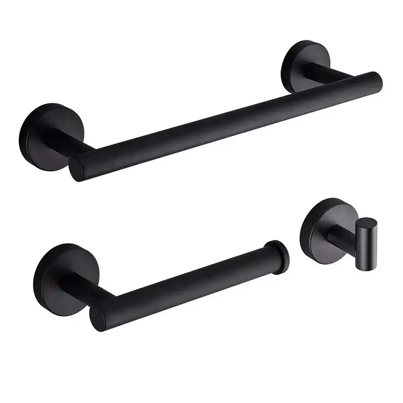 Matte black stainless steel bathroom set by decorbites featuring towel bar, toilet paper holder, and hook with double rack