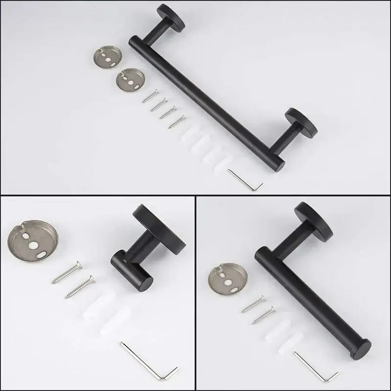 Matte black stainless steel bathroom set featuring a black matte-finished metal toilet paper holder with matching hardware