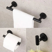 Matte black stainless steel bathroom set with double towel rack integrated toilet paper holder and hook by decorbites black stainless