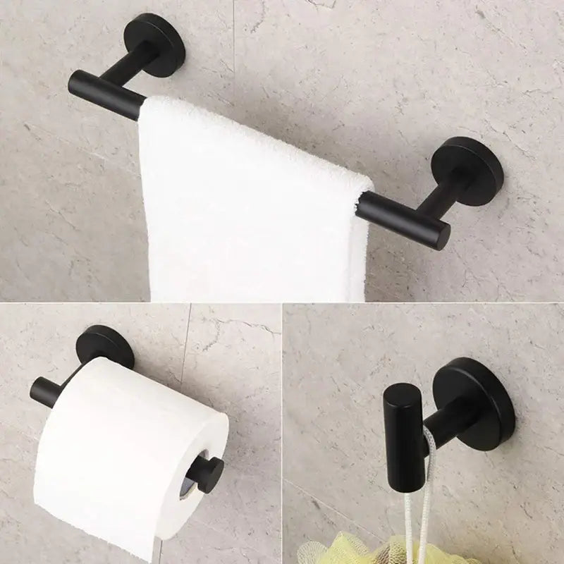 Matte black stainless steel bathroom set with double towel rack integrated toilet paper holder and hook by decorbites black stainless