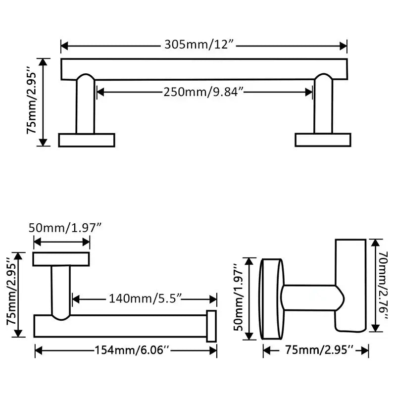 Matte black stainless steel bathroom set featuring a silver metal double towel rack with precise dimensional measurements