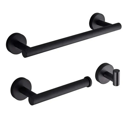 Matte black stainless steel bathroom set with double towel rack featuring towel bar toilet paper holder and hook by decorbites