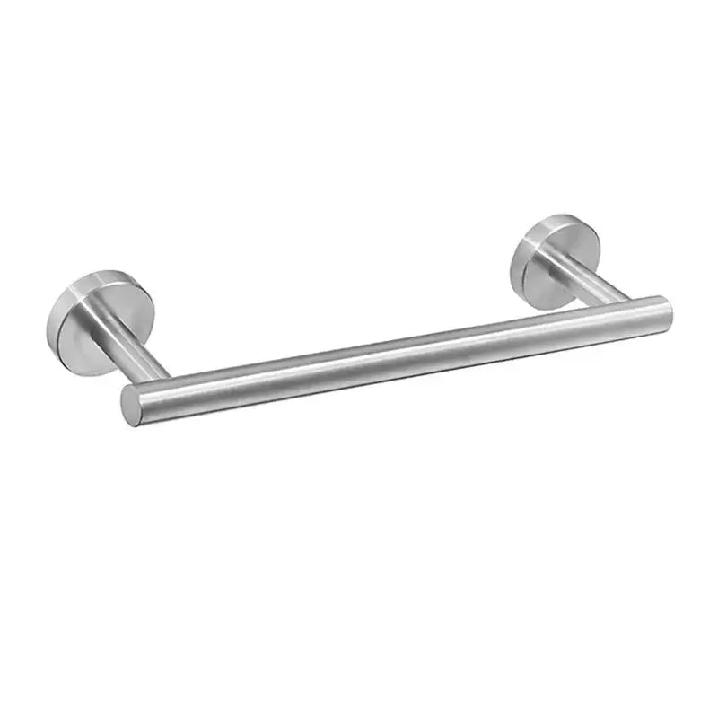 Matte black stainless steel bathroom set featuring a double towel rack with sleek cylindrical bars and circular mounts