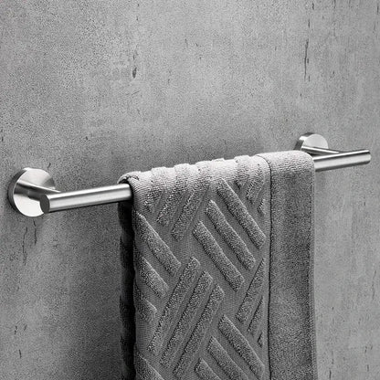 A matte black stainless steel bathroom set with a double towel rack holds a textured gray towel in stainless steel decorbites style