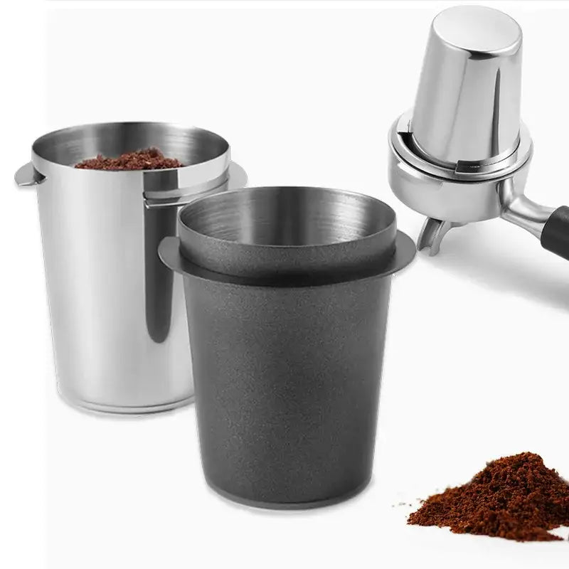 Matte black and stainless steel decorbites espresso dosing cup with portafilter for precise espresso dosing