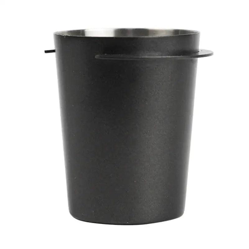 Matte black and stainless steel decorbites espresso dosing cup with cylindrical scoop for precise coffee measurement