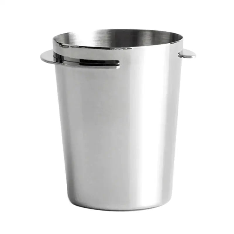 Matte black and shiny stainless steel espresso dosing cup with minimalist design and integrated handles by decorbites espresso dosing