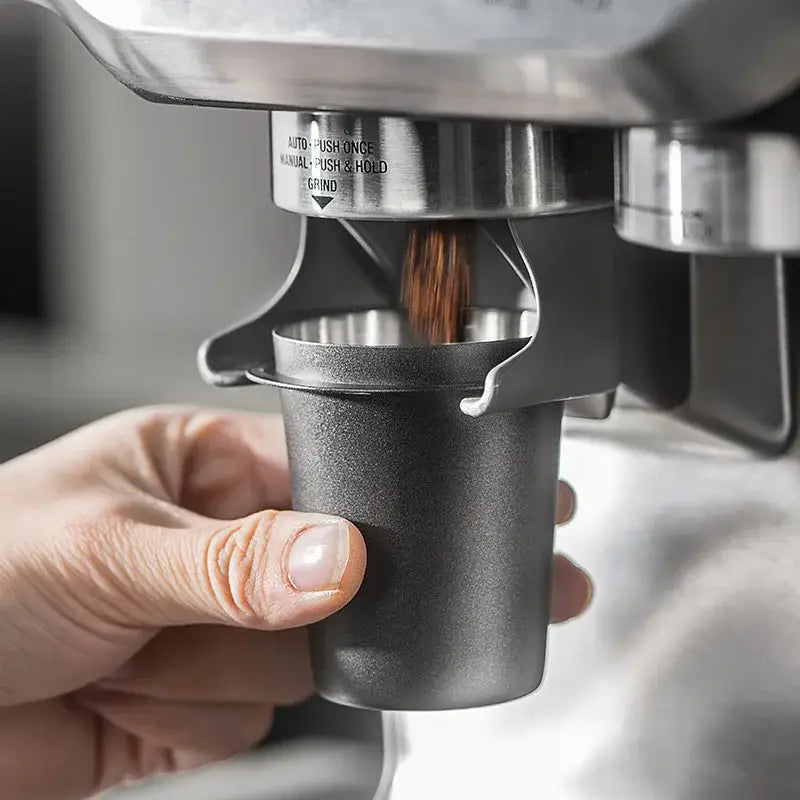 Matte black and stainless steel decorbites espresso dosing cup with matte-finished metal collection for precise espresso dosing