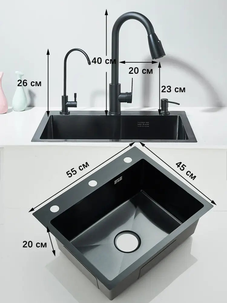 Matte black stainless steel kitchen sink with retractable faucet soap dispenser and undermount installation