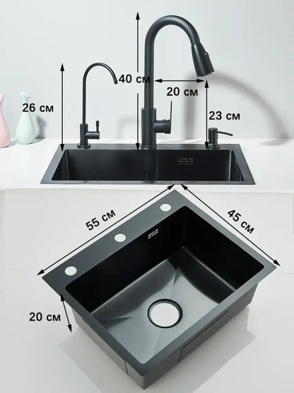 Matte black stainless steel kitchen sink with retractable faucet soap dispenser and undermount installation
