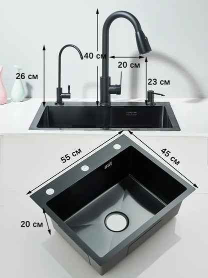 Matte black stainless steel kitchen sink with retractable faucet - Decorbites