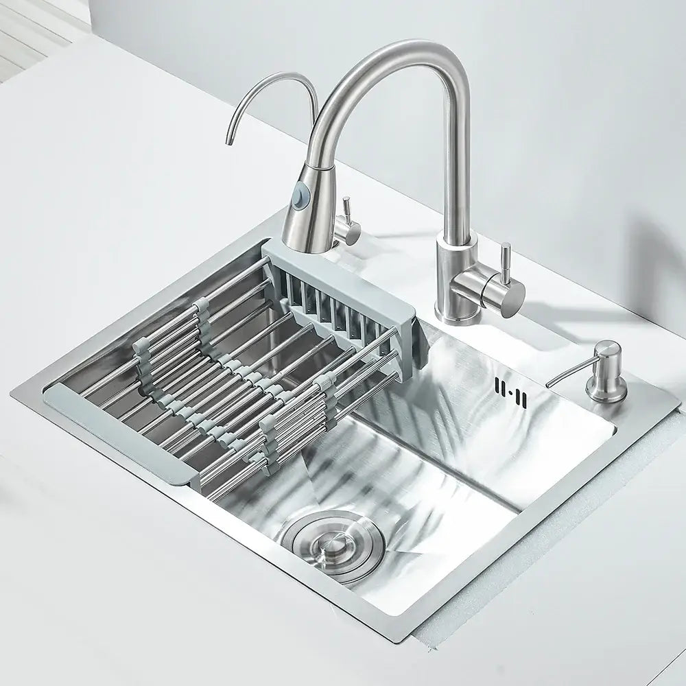 Matte black stainless steel kitchen sink with retractable faucet and stainless steel undermount design with pull-out rack